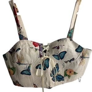 Cider corset crop top tank floral butterfly whimsical 100% cotton large NEW